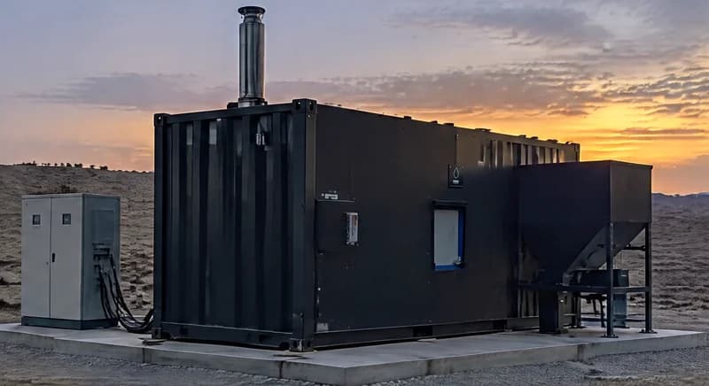 Un conteneur de valorisation énergétique noir, avec une cheminée en acier et une trémie d’alimentation, sur une dalle en béton au coucher du soleil, illustratif