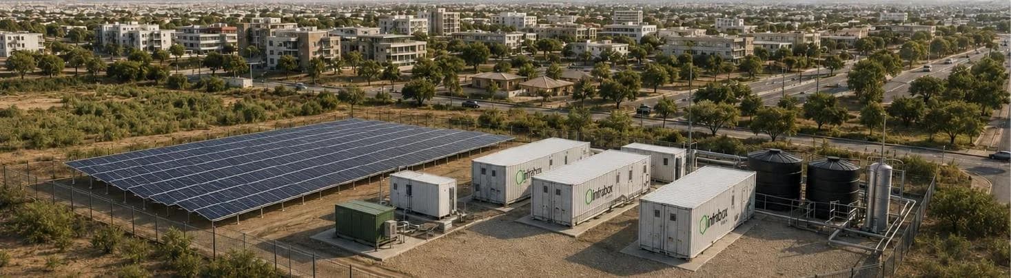 Un ensemble INFRABOX de conteneurs, de réservoirs et de panneaux solaires disposé sur une seule dalle, illustratif