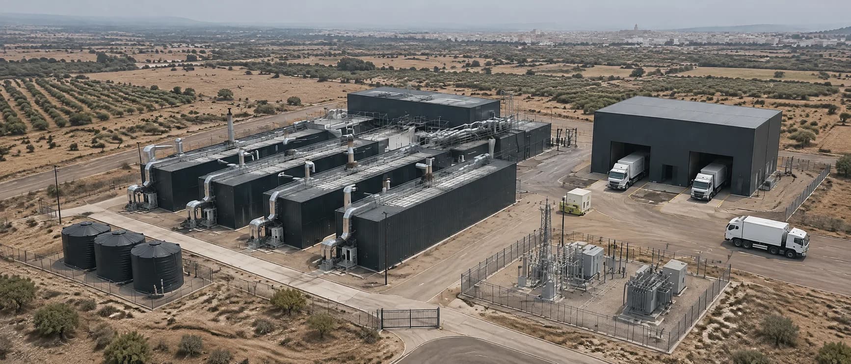 Quatre lignes parallèles d’usine de valorisation énergétique avec leurs cheminées et leurs gaines, un quai de déchargement des camions et un poste électrique, vus du ciel, illustratif