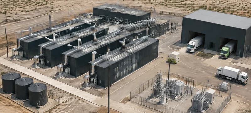Quatre lignes parallèles de valorisation énergétique avec leurs cheminées et un quai pour les camions, vues du ciel, illustratif