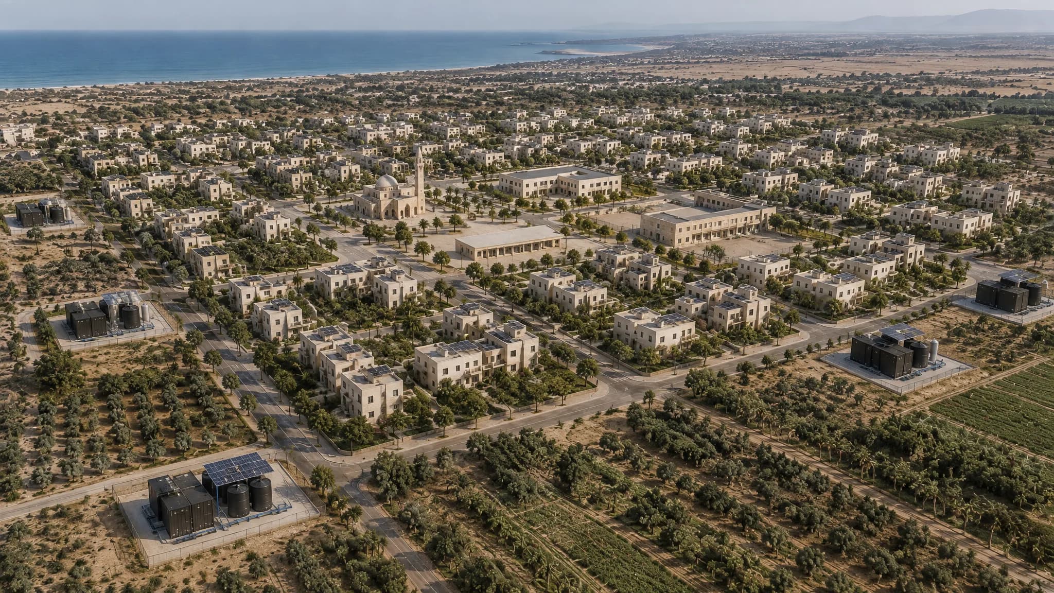 שכונה של בתים לבנים בעלי גגות שטוחים בין מטעים, במבט מרחפן, הים ברקע, עם יחידות טיפול על המשטחים שלהן בשולי הרחובות, להמחשה
