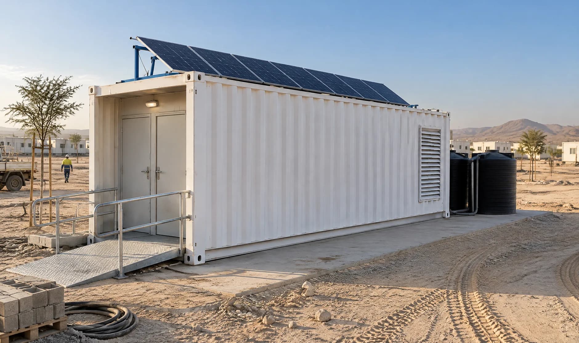A white forty-foot restroom container with roof-mounted solar panels, a ramp to its double doors and two black water tanks alongside, illustrative