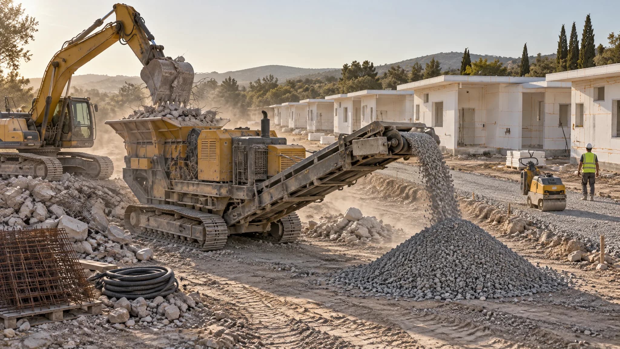 A mobile crusher turning demolition concrete into base material on site, illustrative