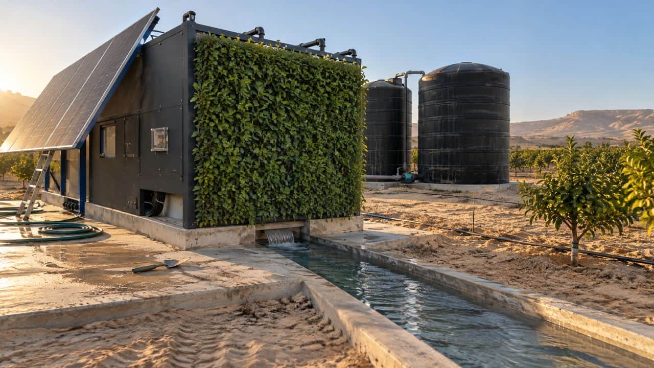Biological treatment unit with its green wall and irrigated ground around it, illustrative